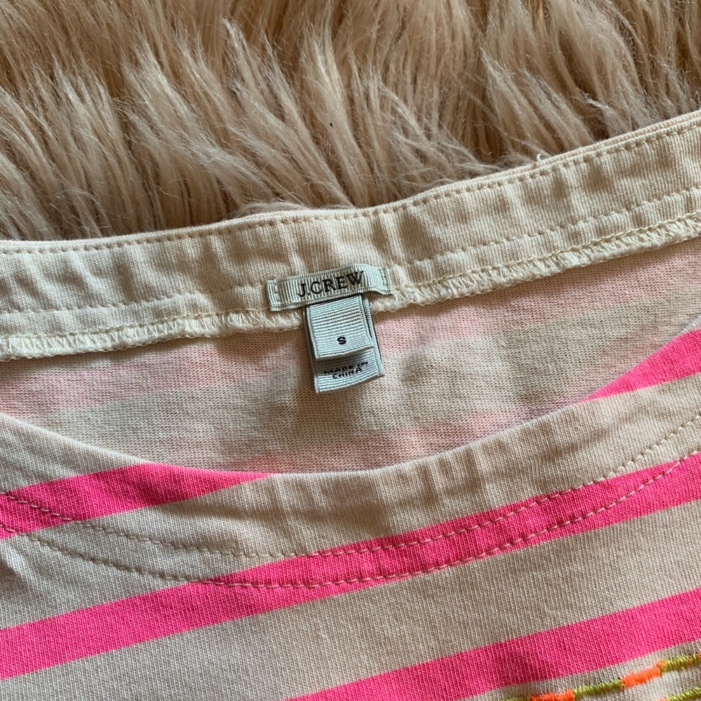 J. Crew Neon Pink Striped Embroidered Top Size Sm - Picture 2 of 5